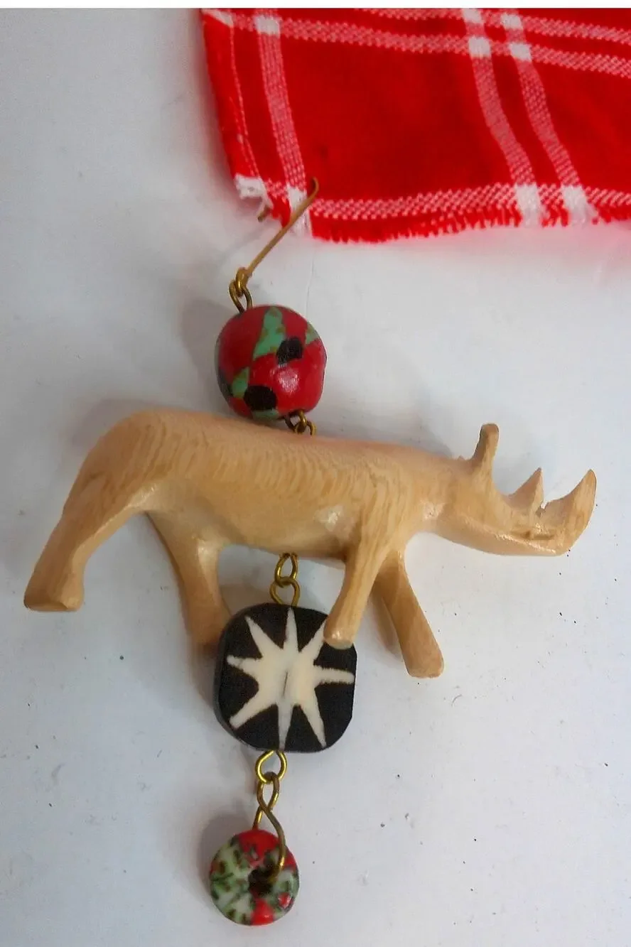 Jacaranda Wood Handmade Safari Ornament Rhino Wildebeest Set of 2 NEW